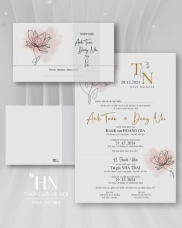 Thiệp Cưới Hoa Line Art Hồng Phấn – HD368