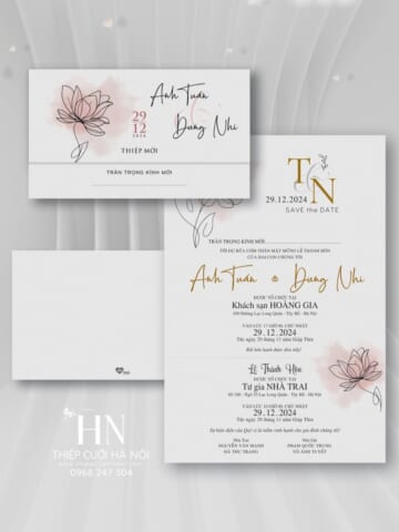 Thiệp Cưới Hoa Line Art Hồng Phấn Nhẹ – HD368K
