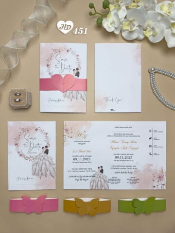Thiệp Cưới Hồng Pastel, Trái Tim Màu Nước – HD451