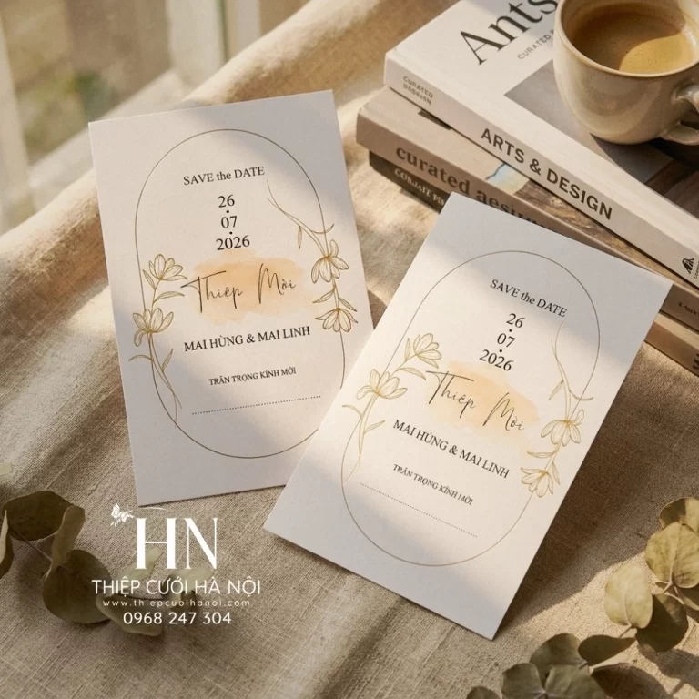 Thiệp Cưới Cổ Điển Trắng Vàng Đồng, Sang Trọng Nhất