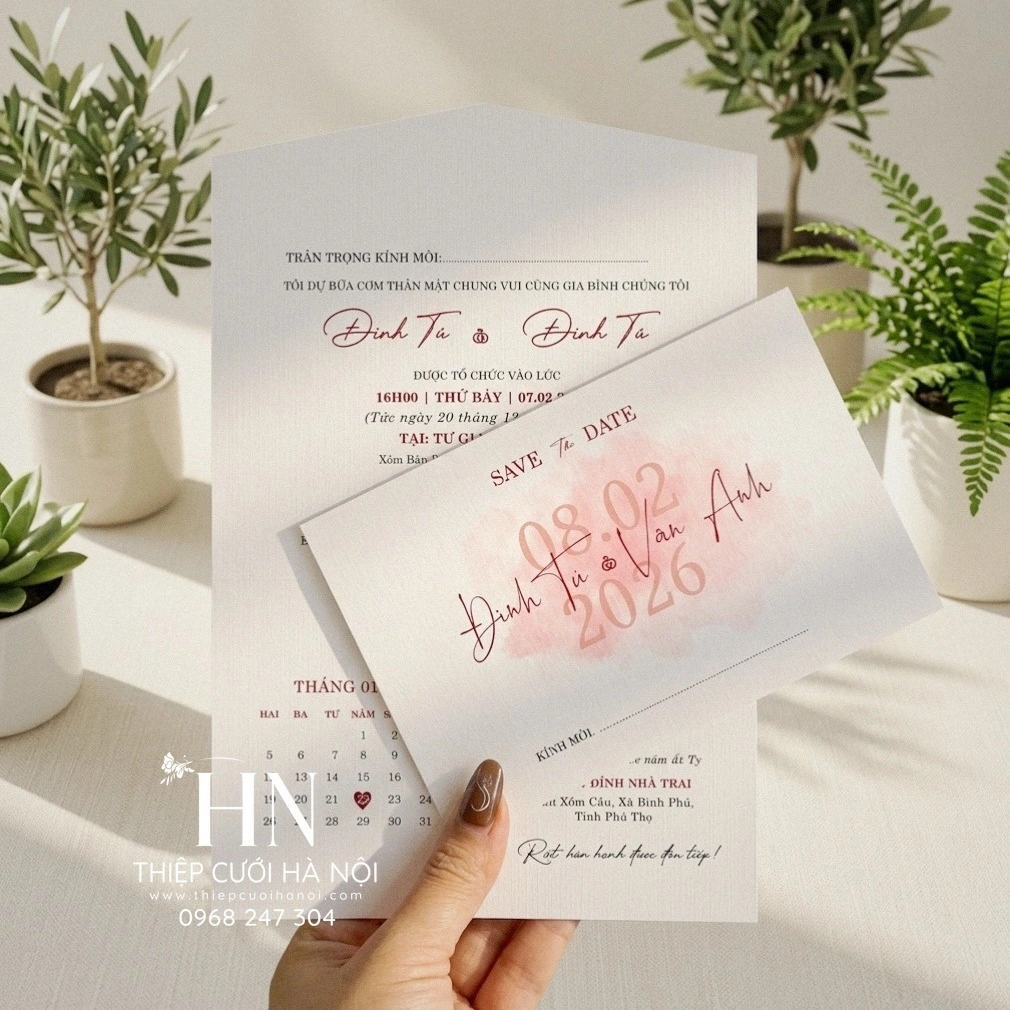 Thiệp Cưới Hiện Đại Hồng Pastel, Trẻ Trung Đáng Yêu