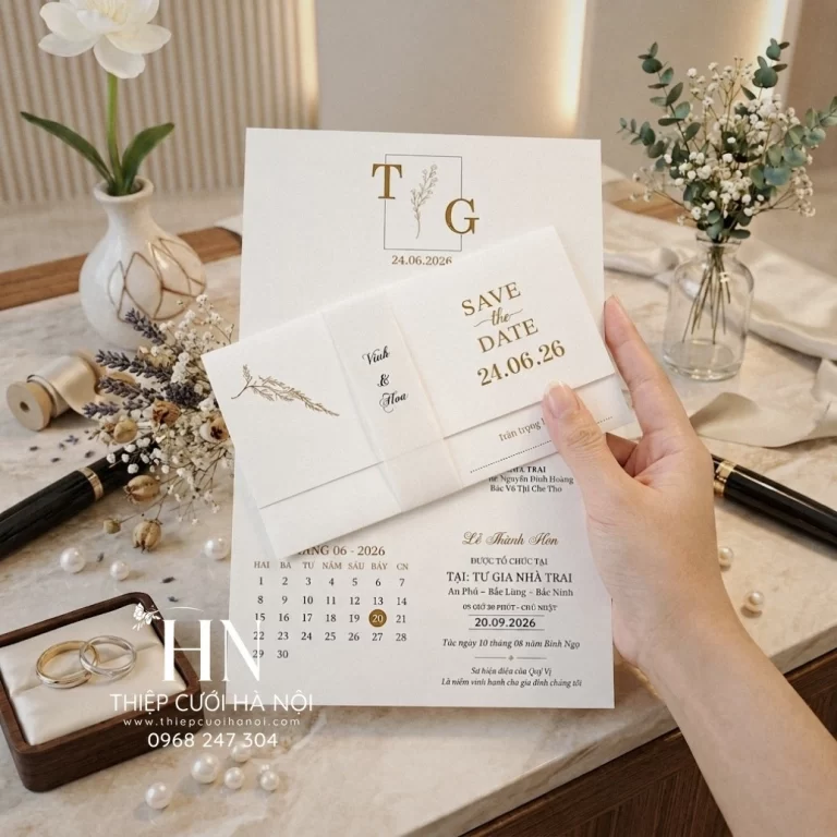 Thiệp Cưới Hiện Đại Trắng Vàng Đồng, Vừa Quen Vừa Mới